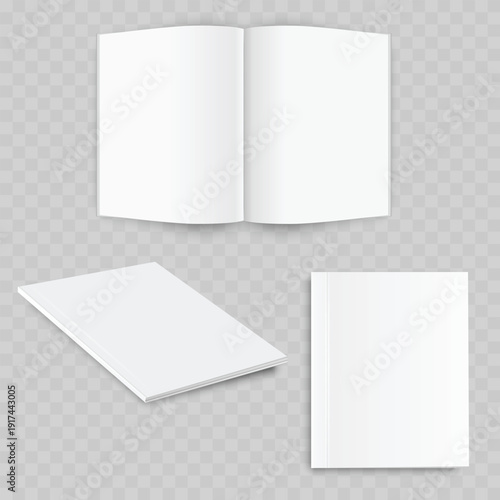 Realistic Open Magazine Mockup Set. Vector Blank Brochure or Catalog Template with Rolled Page and Spread View.