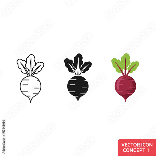 Three beetroot icons in different colors and styles Vector