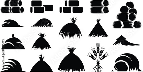 Hay bale and wheat silhouettes set, farm harvest straw stacks isolated on light background agriculture illustration collection