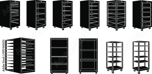 Collection of commercial storage cabinets and shelving racks on wheels isolated on white background, retail equipment set