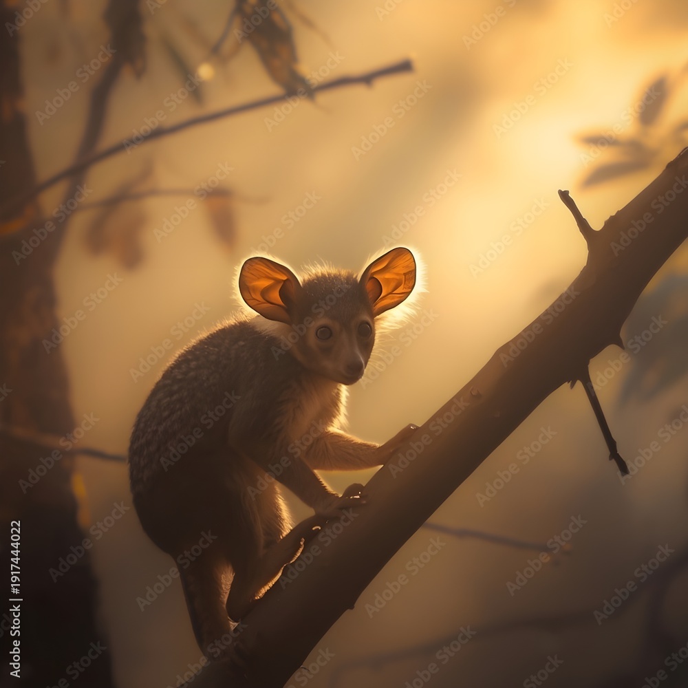 Naklejka premium Aye-aye perched on tree branch in forest with warm golden sunlight illuminating large ears and fur, creating ethereal glow in serene wildlife scene