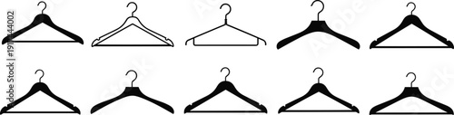 Clothes hanger silhouette set in different styles isolated on white background, wardrobe storage collection