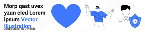 Technology, cybersecurity, personal identity, healthcare, emotional connection, safety assurance. A blue heart, person pointing and face recognition with shield icon. Cybersecurity and personal