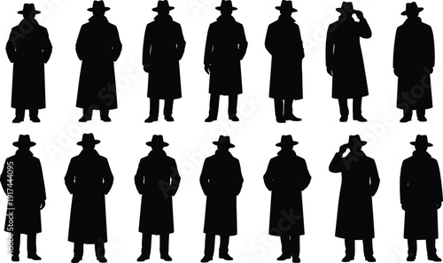 Collection of detective silhouette figures wearing trench coat and fedora hat isolated on white background, mystery noir character set