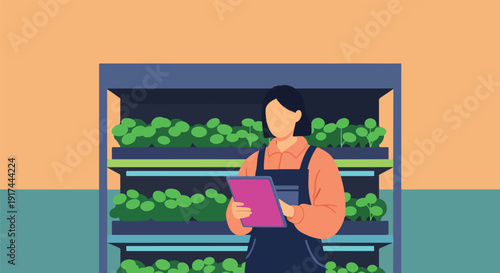 Woman farmer inspecting vertical farm crops with tablet.