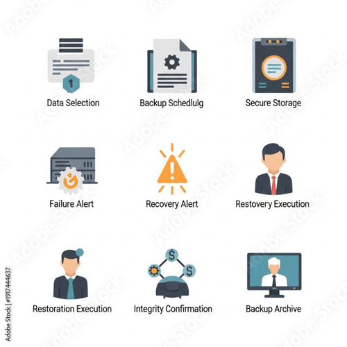 Data backup and recovery process illustration showing various stages and actions taken to secure and restore data with icons and symbols