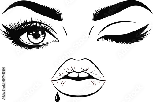 Beautiful female face line art featuring long eyelashes winking eye and full lips with a drop, minimalist beauty salon logo vector illustration for cosmetics.