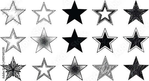 Black and white vector illustration set of fifteen diverse star shapes with hand drawn textures for ratings awards reviews success and celestial branding