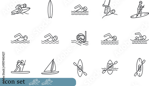 Print Minimalist Water Sports Line Icon Set Featuring Surfing Swimming Kayaking Sailing and Stand-Up Paddleboarding Symbols