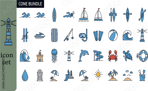 Print Vibrant Blue and Orange Summer Beach Icon Bundle Featuring Aquatic Sports Marine Life Coastal Landmarks and Vacation Essentials