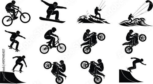Black vector silhouette set of extreme sports athletes including mountain biking snowboarding skateboarding kitesurfing and motorcycle stunts for action recreation and adventure branding