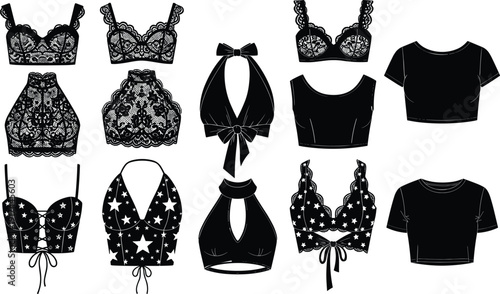 Collection of black vector crop tops and lingerie silhouettes featuring lace patterns star prints halter necks and corset styles for fashion design and apparel