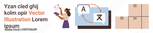 Translation, language learning, logistics, business, technology, communication. Woman holding book, language exchange interface cardboard boxes. Translation and language learning concept