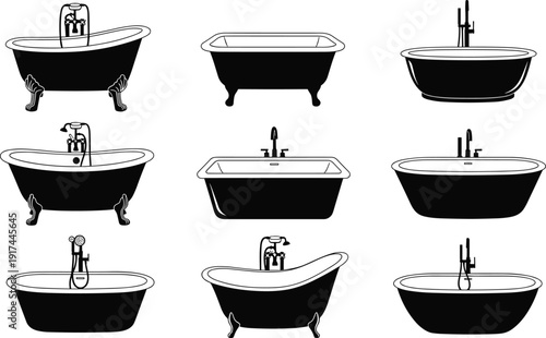 Collection of luxury bathtub vector icons featuring clawfoot tubs modern freestanding baths and vintage soaking tubs with shower faucets in black silhouette and line art