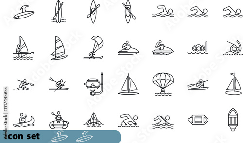 Print Comprehensive Water Sports and Summer Adventure Line Icon Set Featuring Surfing Sailing Kayaking Parasailing and Scuba Diving Symbols