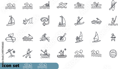 Print Comprehensive Water Sports and Summer Athletics Icon Set Featuring Swimming Surfing Kayaking Sailing and Underwater Diving Activities