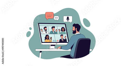 Man participating in a video conference call with colleagues.