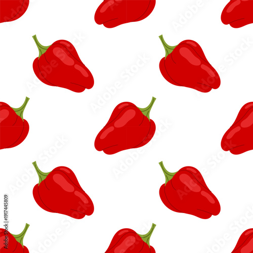 Seamless pattern with red bell peppers on white background. Fresh vegetable pattern for food packaging, kitchen textile, grocery branding and healthy cuisine design.