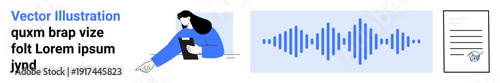 Digital communication, audio transcription, content creation, documenting ideas, note-taking, technology interface. Woman writing, audio waveform document icon. Digital communication and audio