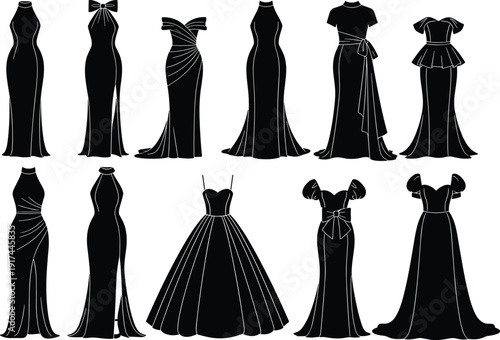 Elegant collection of eleven black evening gown silhouettes featuring formal prom dresses, wedding bridal wear, and stylish cocktail party attire for fashion design graphics