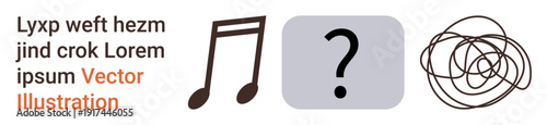 Education, creativity, problem-solving, music, communication, abstract ideas. Simple icons of music notes, a question mark and a tangled doodle. Creativity and problem-solving in design