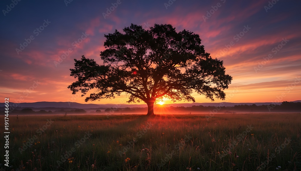 Fototapeta premium Silhouetted tree in a grassy field against a vibrant, colorful sunset with a mountain range
