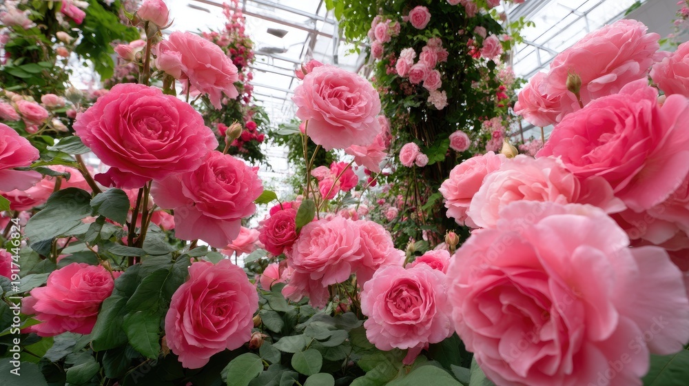 Obraz premium Lush Collection of Pink Roses Blooming in a Bright Greenhouse, Capturing Nature's Beauty and Elegance in Full Bloom