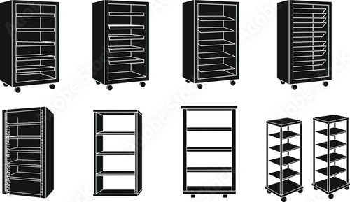 Set of storage cabinet and shelving unit silhouette icons isolated on white background, retail display rack collection