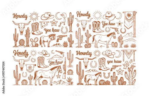 Western Cowboy Themed Doodle Elements in Brown Tones wild west howdy