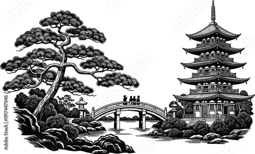 Traditional Japanese landscape vector illustration featuring a five story pagoda arched bridge bonsai pine tree and stone lanterns in black and white woodcut style