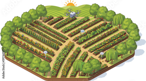 Smart Agriculture Isometric Farm with Crop Fields and Delivery Drone