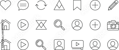 Set of user interface line icons including home, search, play and profile isolated on white background