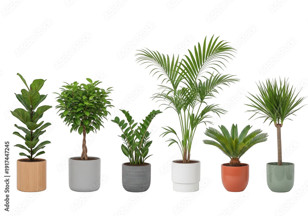 Fototapeta premium Collection of six diverse houseplants in various pots isolated on transparent background