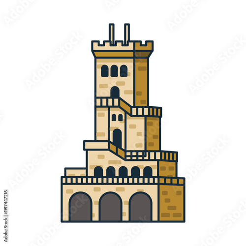 Wallpaper Mural Ancient stone watchtower with external staircase and arches. Illustration. Object isolated on white background. Torontodigital.ca