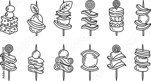 Vector line art illustration set of diverse gourmet appetizers and snacks on skewers including cheese olives and meat for catering restaurant and party branding