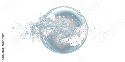 A large sphere of water exploding into droplets, against a black background