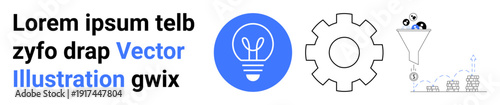 Technology, innovation, data processing, analytics, business growth, workflow efficiency. Blue light bulb, gear outline funnel with icons and graph. Innovation and data processing concept
