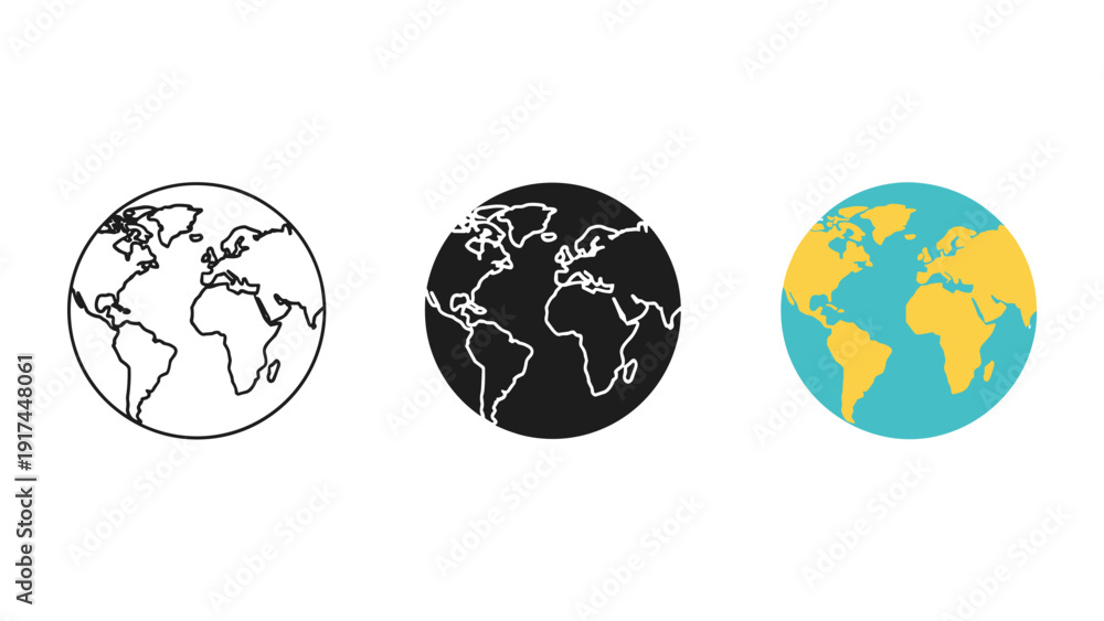 Fototapeta premium Three illustrations of the earth in different styles and colors Vector