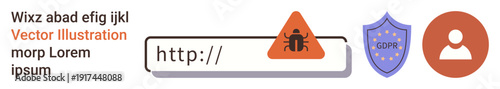 Cybersecurity, online safety, data protection, privacy, identity security, malware alerts. Bug symbol in URL, shield icon with GDPR user profile icon. Cybersecurity and privacy