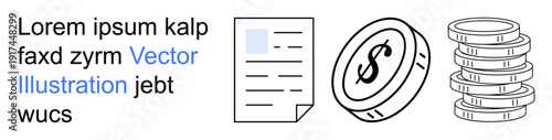 Finance, accounting, budgeting, payment systems, investment, and banking. Symbols include a document, dollar coin and stacked coins. Finance and accounting concepts