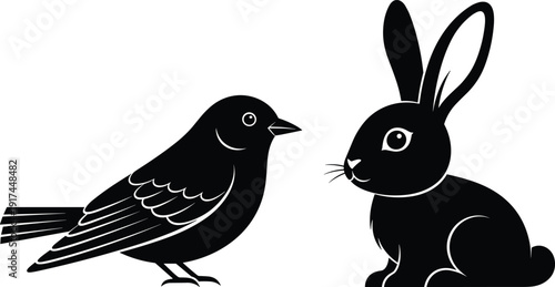 Black vector silhouette of a small garden bird and a cute sitting rabbit for nature wildlife spring season garden animals and veterinary branding