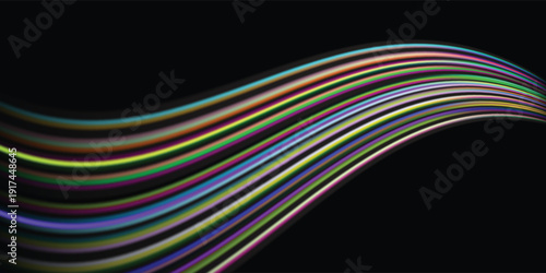 Abstract vector of luminous neon streaks forming smooth curved waves, vibrant glowing light trails in motion, futuristic energy flow on deep black background, high contrast digital art.