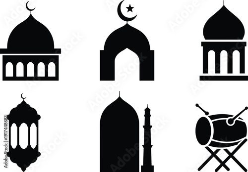 Islamic Ramadan icon set with mosque domes, crescent moon, lantern, minaret and traditional drum silhouettes in black isolated on light background.