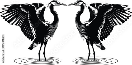 Black vector silhouette of two graceful herons standing in water ripples with open wings for wetland nature conservation wildlife and birdwatching branding