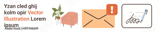 Communication, digital alerts, identity verification, workplace processes, home decor, signatures. Envelope with alert, signature icon and chair with plant. Communication and identity verification