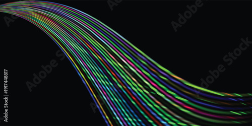 Glowing neon ribbon lines sweeping in dynamic curves, radiant light effects with motion blur, sci-fi futuristic atmosphere, sleek black backdrop, modern vector illustration.