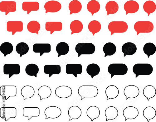 Speech bubble icon set in red, black and outline styles, chat message box collection isolated on white background for communication and social media design