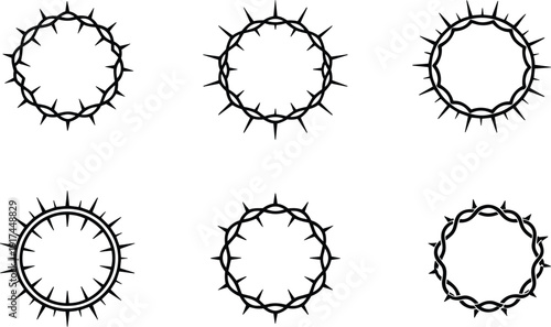 Set of black thorn crown silhouettes arranged in circular shapes, religious Christian symbol collection isolated on white background, vector style illustration for Holy Week design