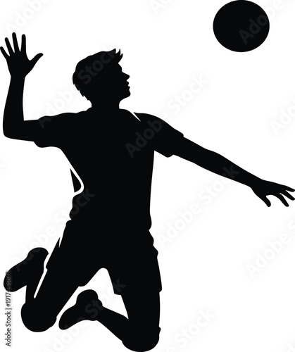 Volleyball player silhouette jumping to spike ball isolated on white background, black sports action pictogram illustration for competition, training, tournament and athletic design