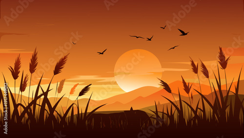 A serene sunset over a field of tall grass with a flock of birds flying in the distance Vector